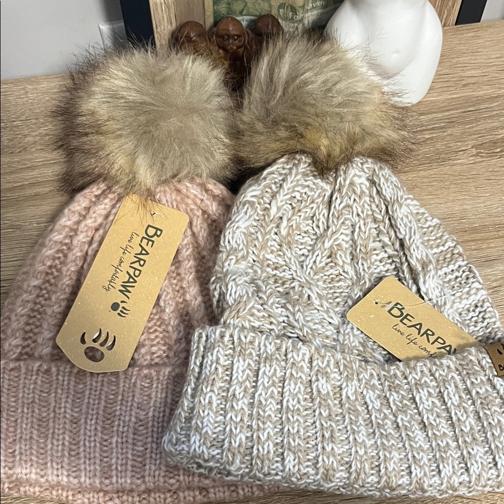BearPaw Cozy Knit Beanie Set - Pink and Cream